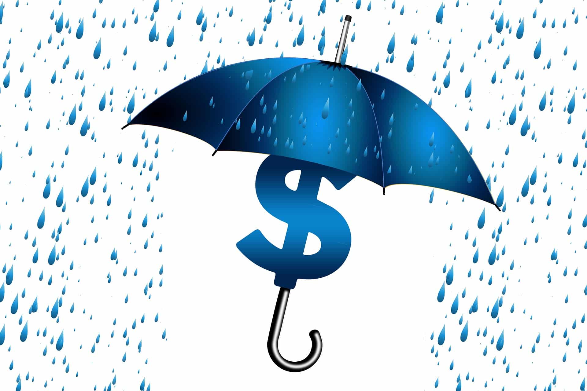 Ett blått dollar-teckne med ett blått paraply som omfannar denna att bli träffad av regn. Försäkringsskydd